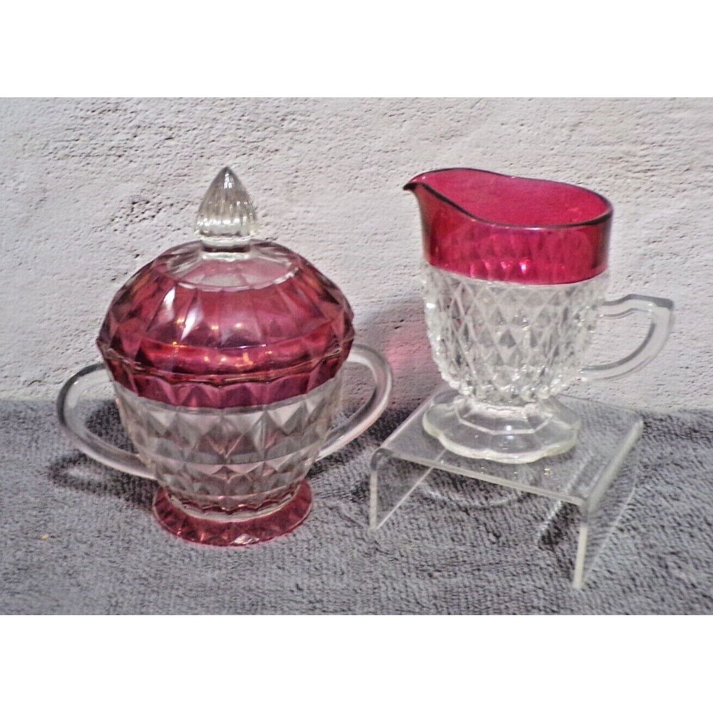 Vintage Indiana Ruby Glass Kings Crown Band‎ "Trifle" Creamer & Sugar Set